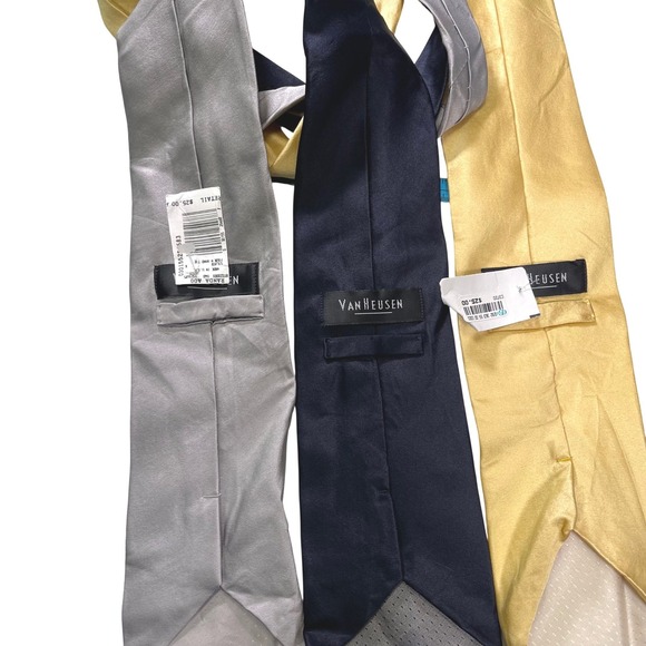 Van Heusen Mens Silk Tie Bundle 3 Pack Solid Navy Silver Gold Formal Business - Picture 2 of 5